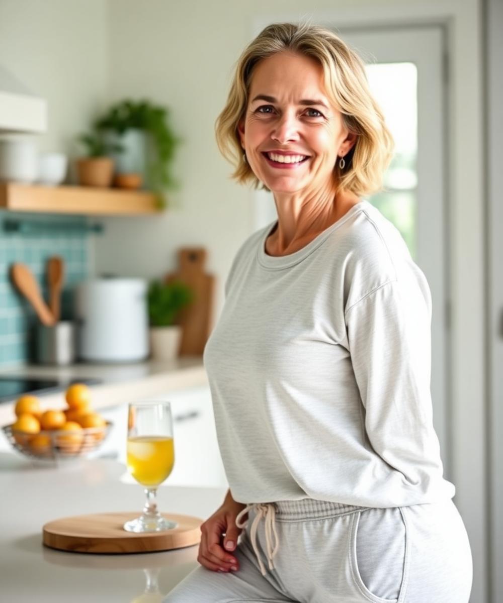 Frau in heller Küche mit einem Glas Wasser als Teil ihrer täglichen Routine